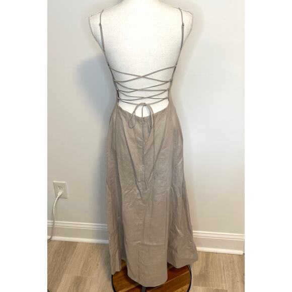 Enza Costa Linen Laced Open Back Maxi Dress In Mist Taupe Size Medium New - Picture 8 of 15